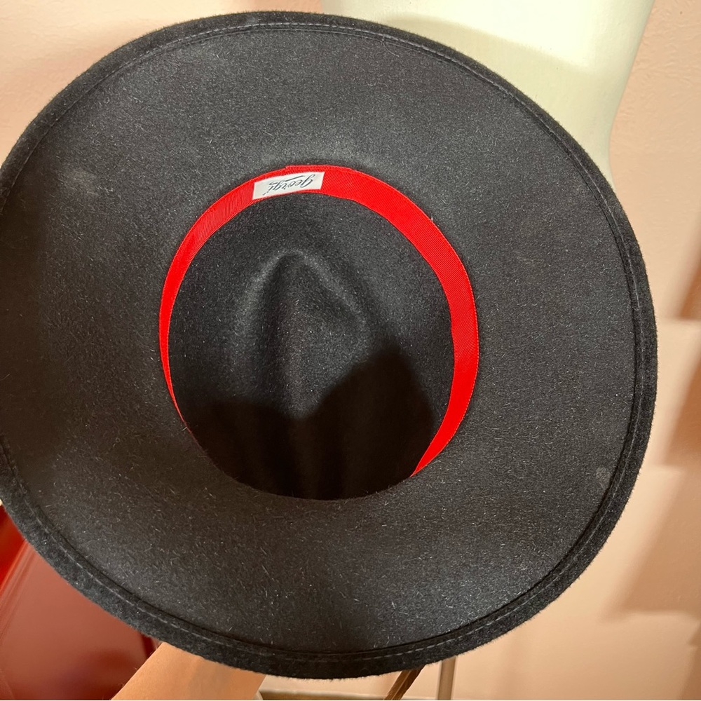 Vintage 1980 Retro Georgi Black Velvet wide flat brim Art Deco fedora Feather - Picture 7 of 16
